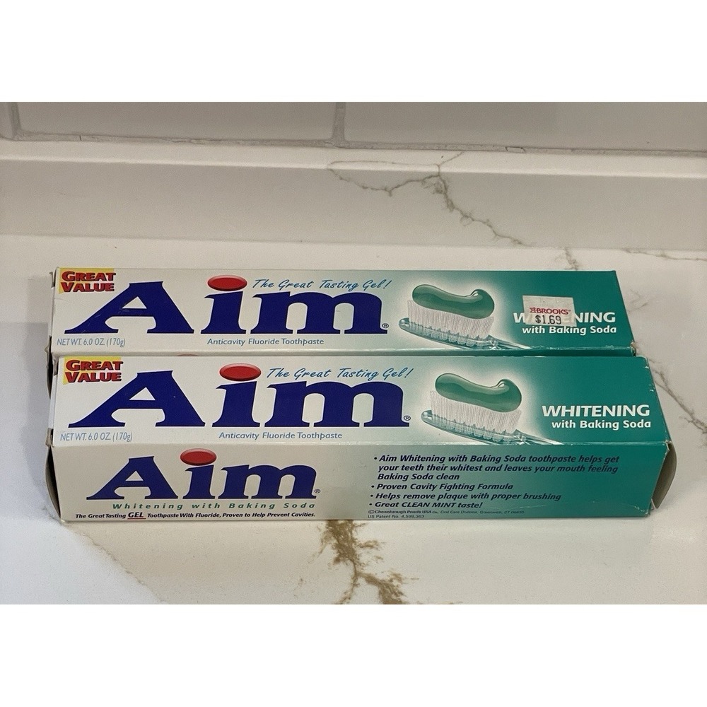 Vintage Aim Whitening Toothpaste Lot of 2 Baking Soda Gel‎ Mint 6 oz Box